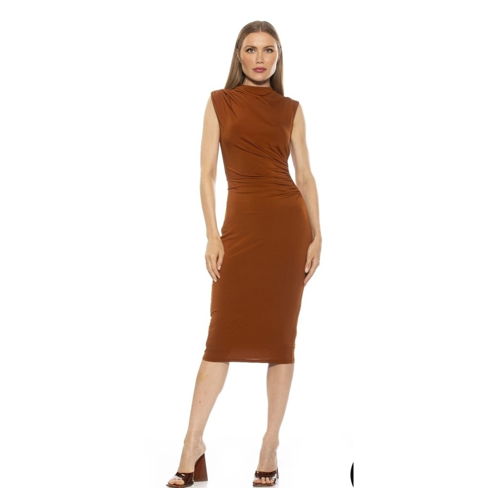 Alexia Admor‎ Jan Dress Size XL Brown Midi Bodycon Ruched Mock Neck Sleeveless